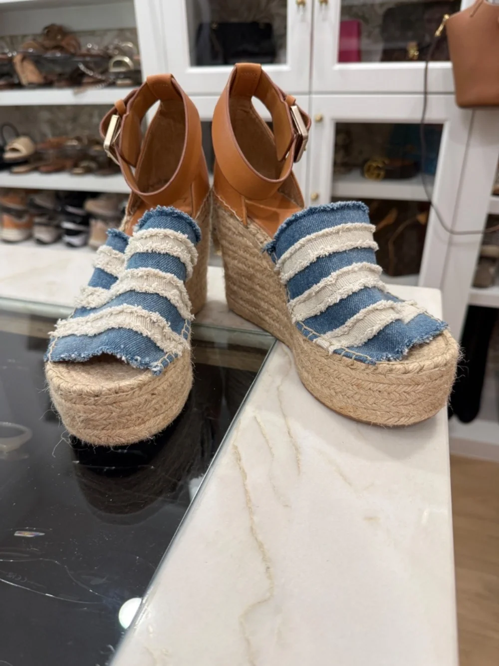 Marc Fisher Denim Adria Jute Open Toe Wedge Platform Sandal